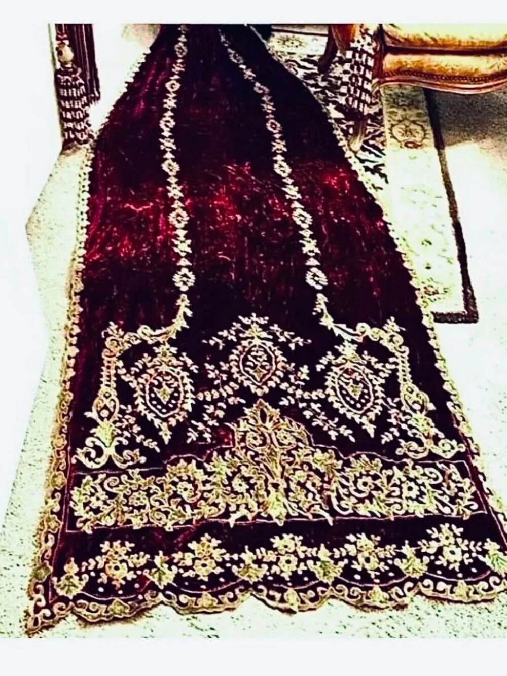 AA Baroque Burgundy Velour Antique Gold Brocade Drapery Panel Swag 100 x 38